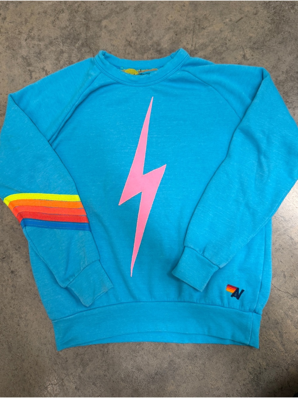 Aviator Nation Bolt Crewneck Sweatshirt Womens Small Blue Pink Rainbow Stripe